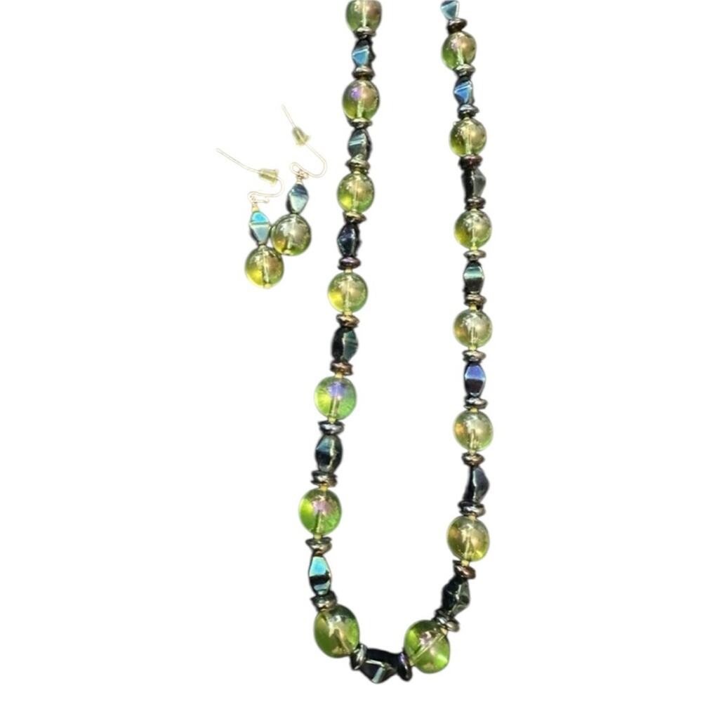 Handcrafted earrings and necklace set blue/yellow/green accents